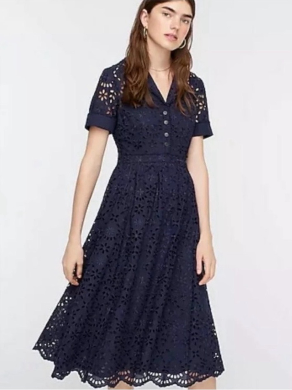 J. Crew Navy Eyelet Midi Shirt Dress Size 12 ZIPPPER BROKEN